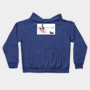 Girl on bike with Scottie dog riding on beach. Kids Hoodie